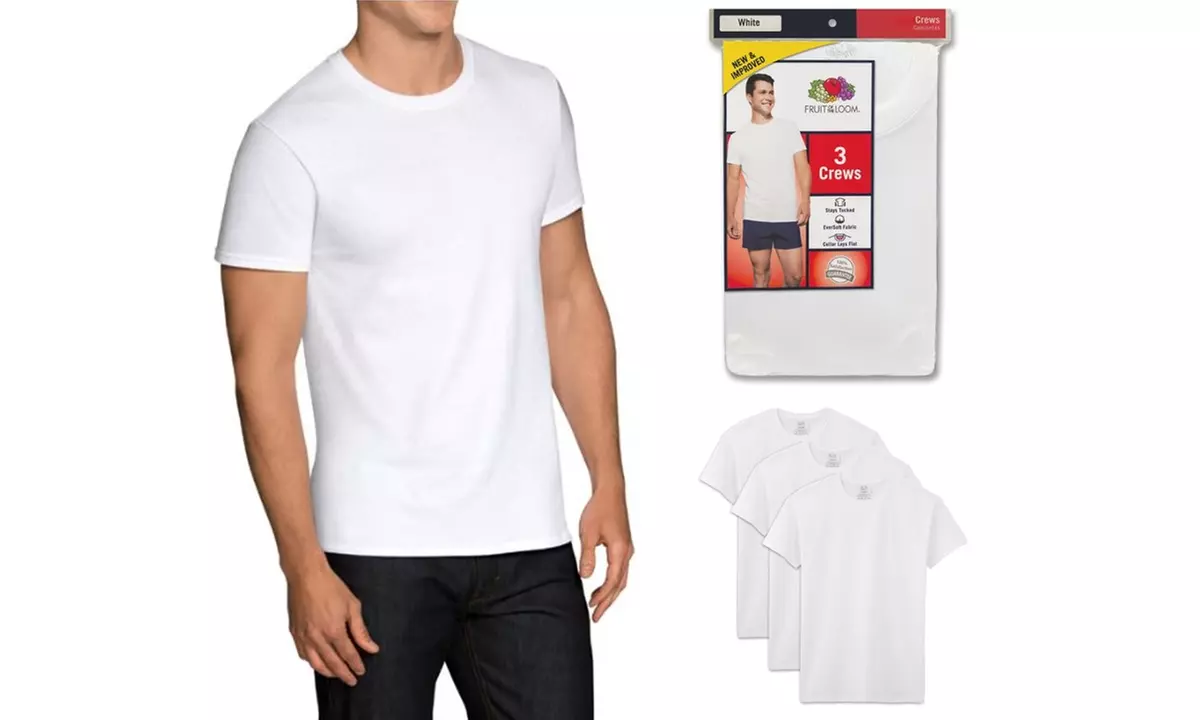3 PackFruit Of The Loom Men's White Crew Neck T-Shirts   - Primary Image