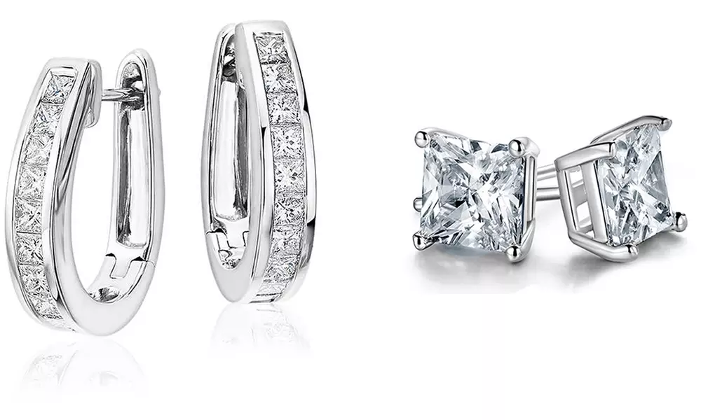 Oval Hoop and Princess Stud Earrings Set with Cubic Zirconia Stones - Second Medium