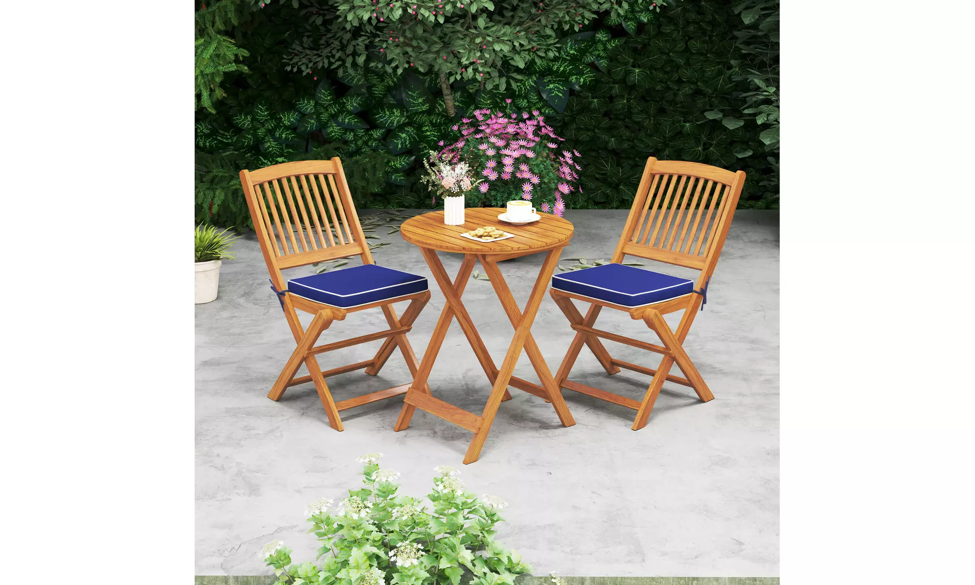 Costway Outdoor Folding Chairs Acacia Wood High-Back Chair with Seat Cushions