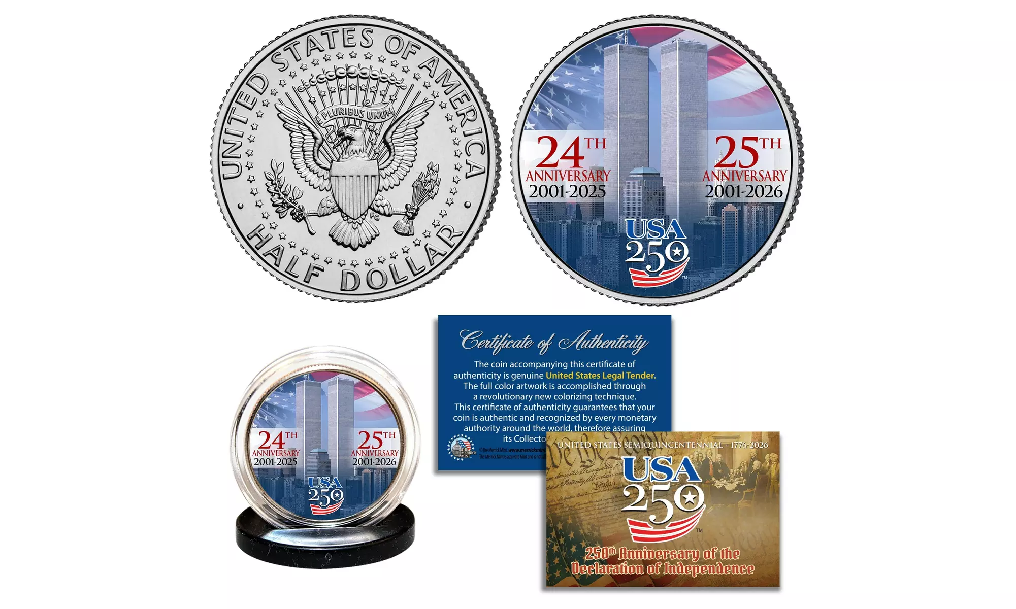 Colorized JFK Half Dollar & $2 Bill - 9/11 World Trade Center Anniv. Editions