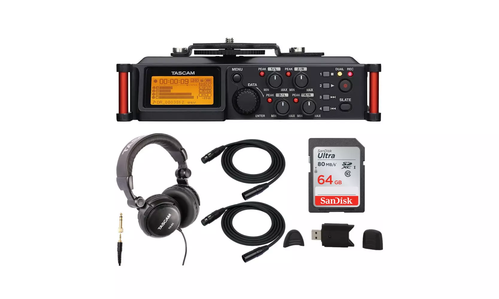 Tascam DR-70D 4-Track Portable Recorder for DSLR w/ Headphone & SD Card Bundle - Primary Image