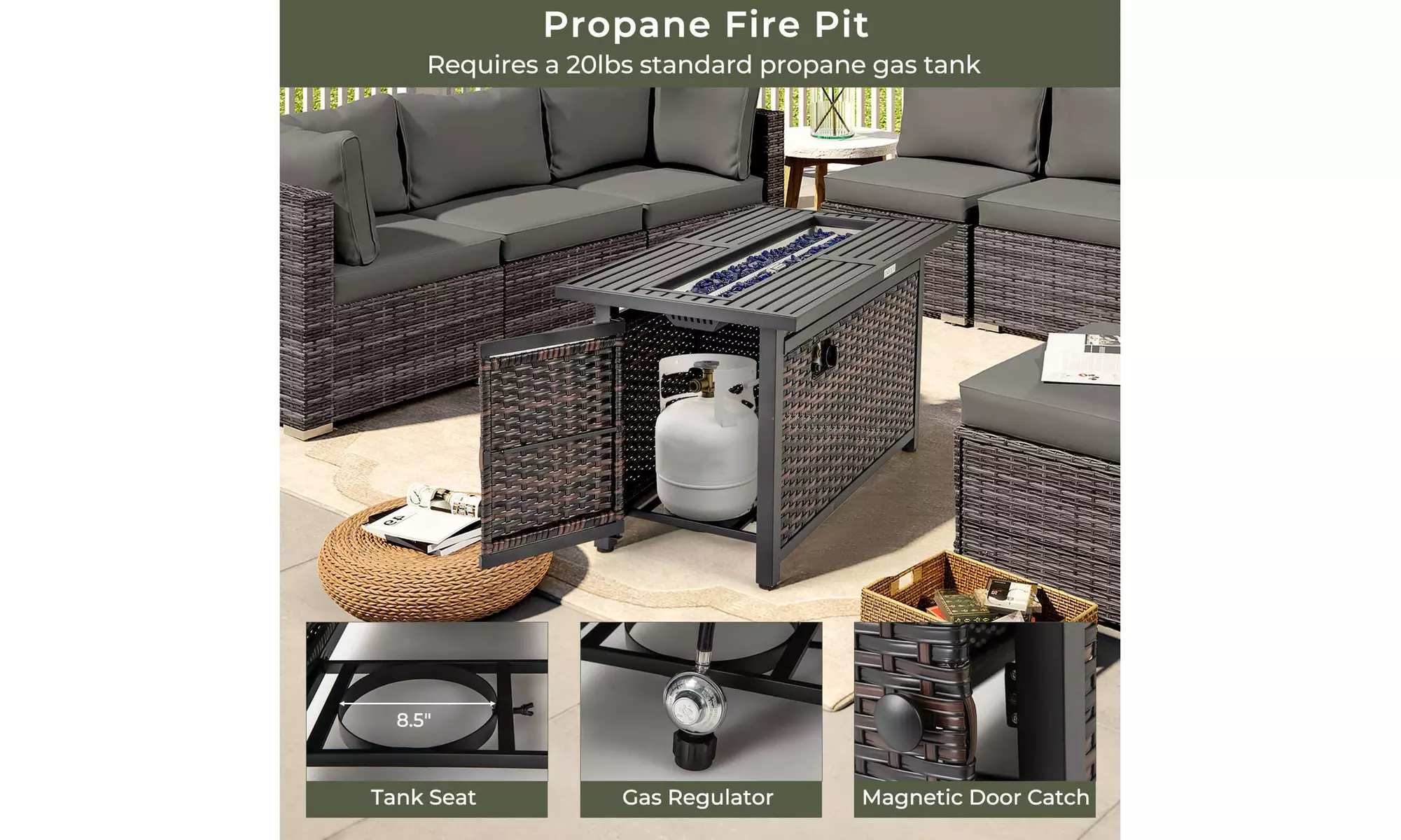 Costway 45" Propane Rattan Firepit Table with Glass Stones & Protective Cover