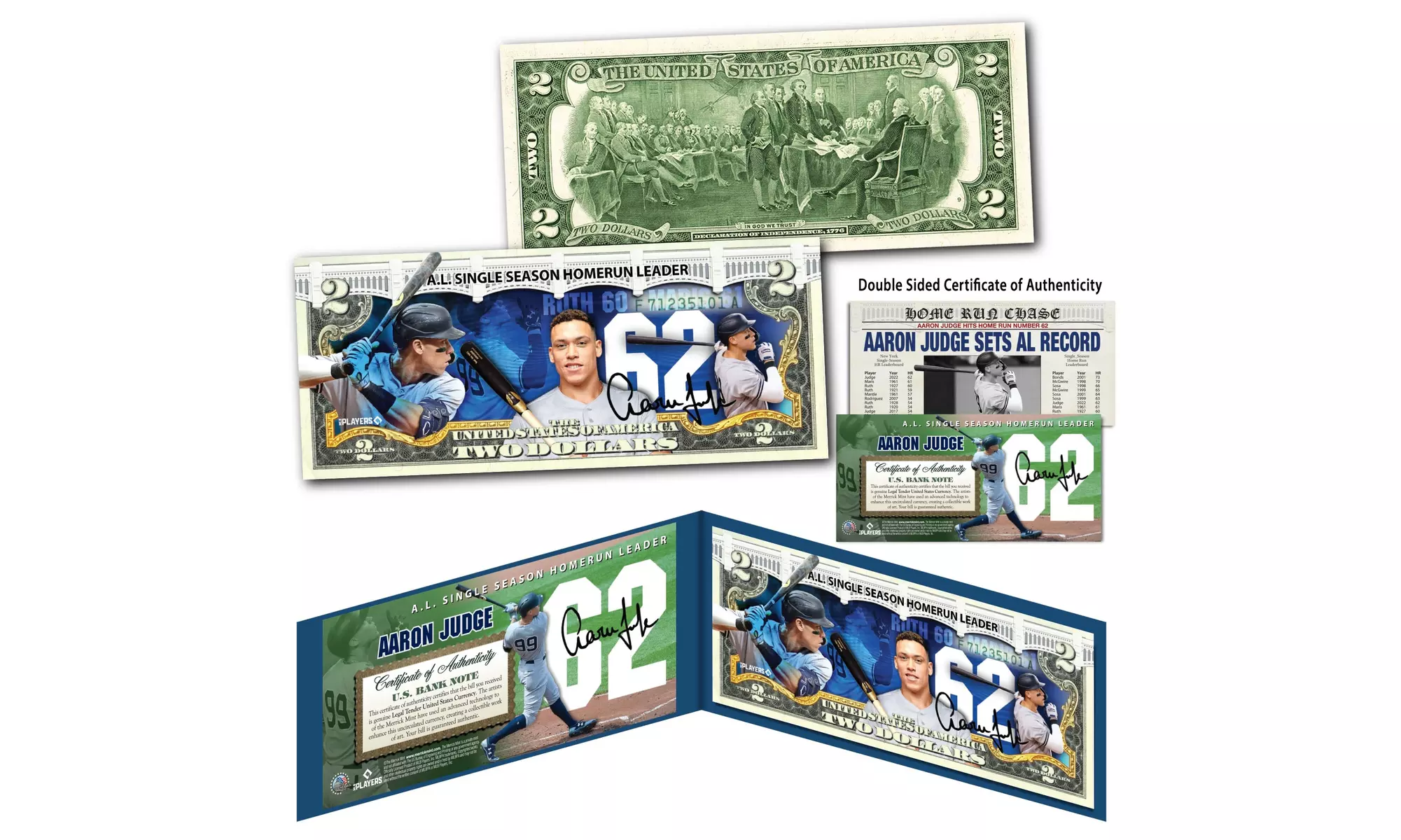AARON JUDGE 2022 Single Season 62 Home Run Record Official U.S. 2 Dollar Bill
