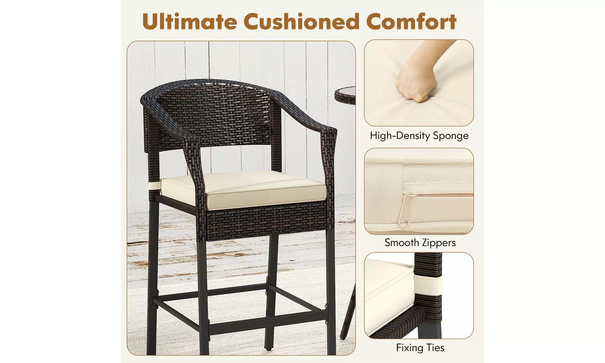 Costway 3-Piece Patio Rattan Bar Set Wicker Bar Height Armchairs and Round Table