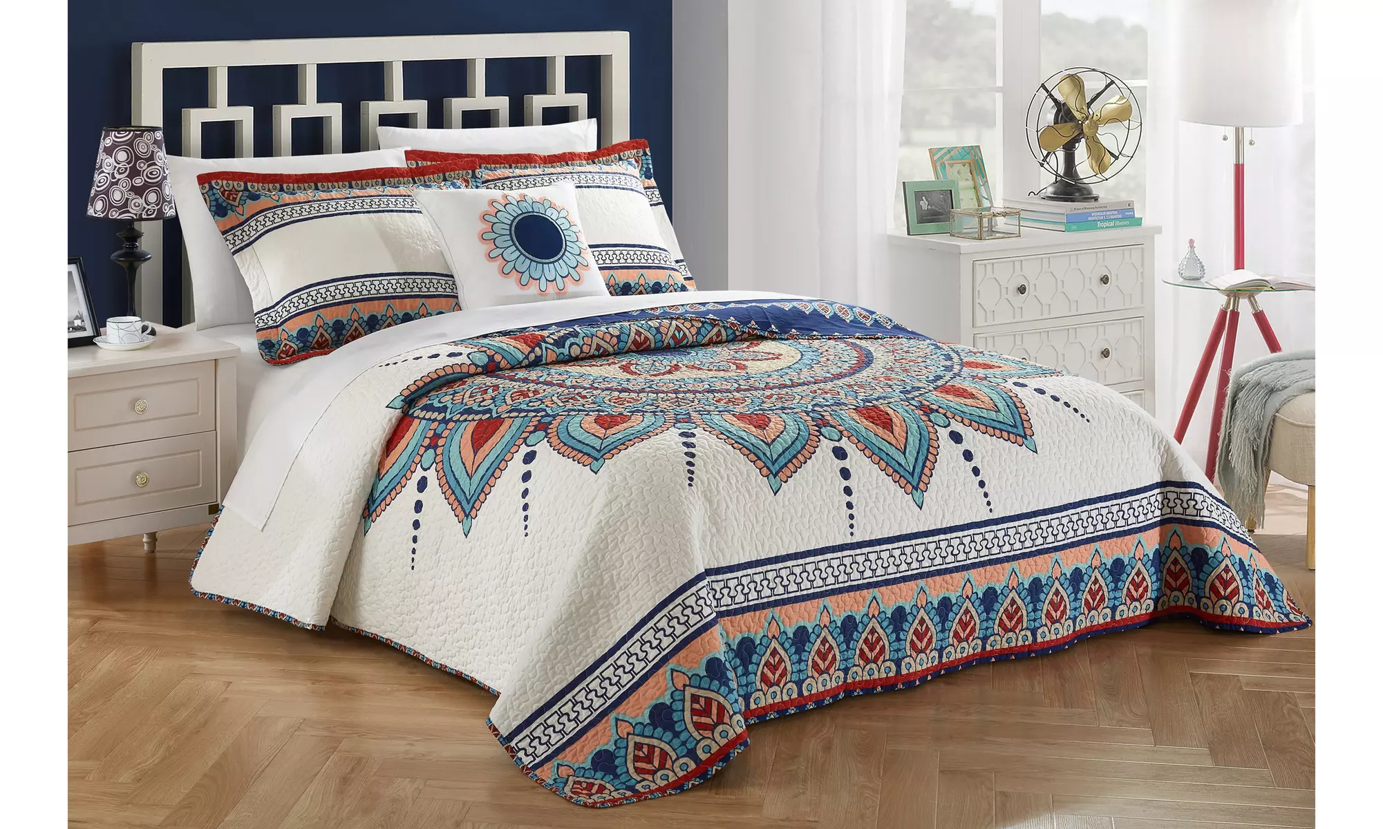 4 Piece Reversible Quilt Cover Set 100% Cotton Bohemian Inspired Bedding  - Primary Image