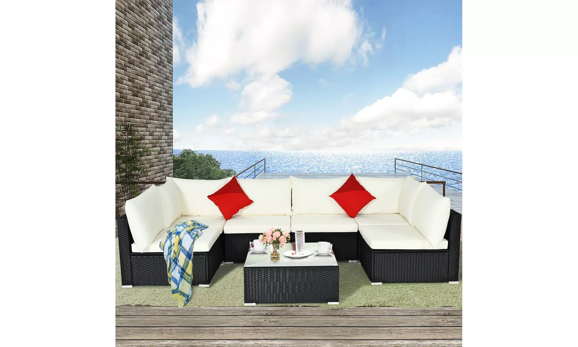 Costway 7PCS Patio Rattan Sofa Set Sectional Conversation Furniture Set Garden