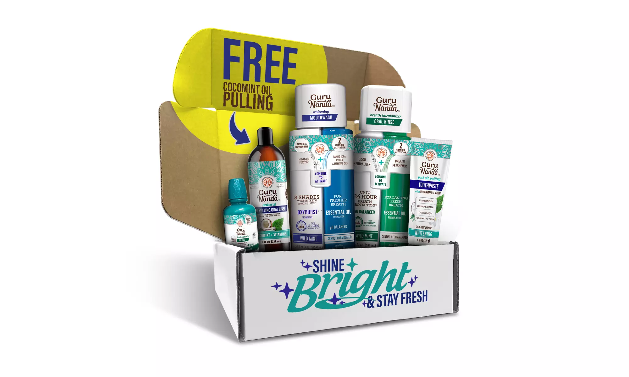 GuruNanda Shine Bright Stay Fresh Kit with Mouthwash, Toothpaste & Oil Pulling - Primary Image