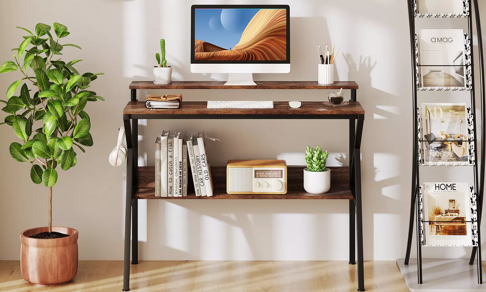Costway Home Office Desk with Monitor Stand, Open Shelf and Metal Frame