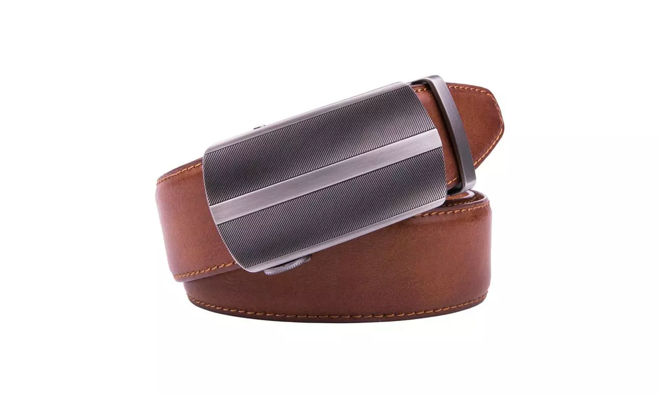 Men's Leather Automatic Buckle Ratchet Dress Belts in Black and Cognac  - Second Medium