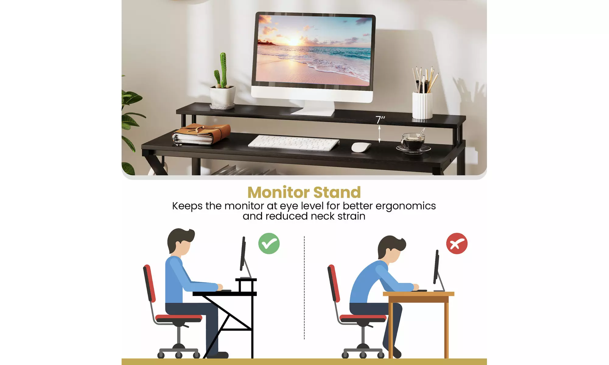 Costway Home Office Desk with Monitor Stand, Open Shelf and Metal Frame