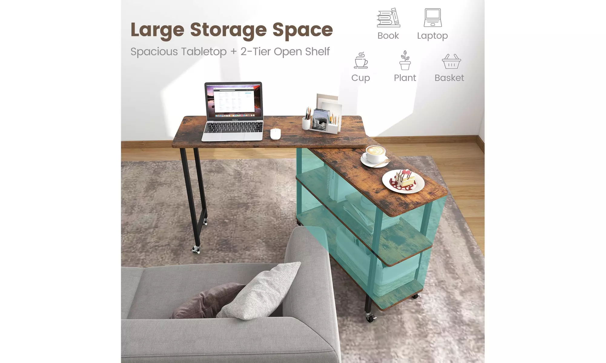 Costway 360-degree Rotating L-Shaped Sofa Side Table with Shelf