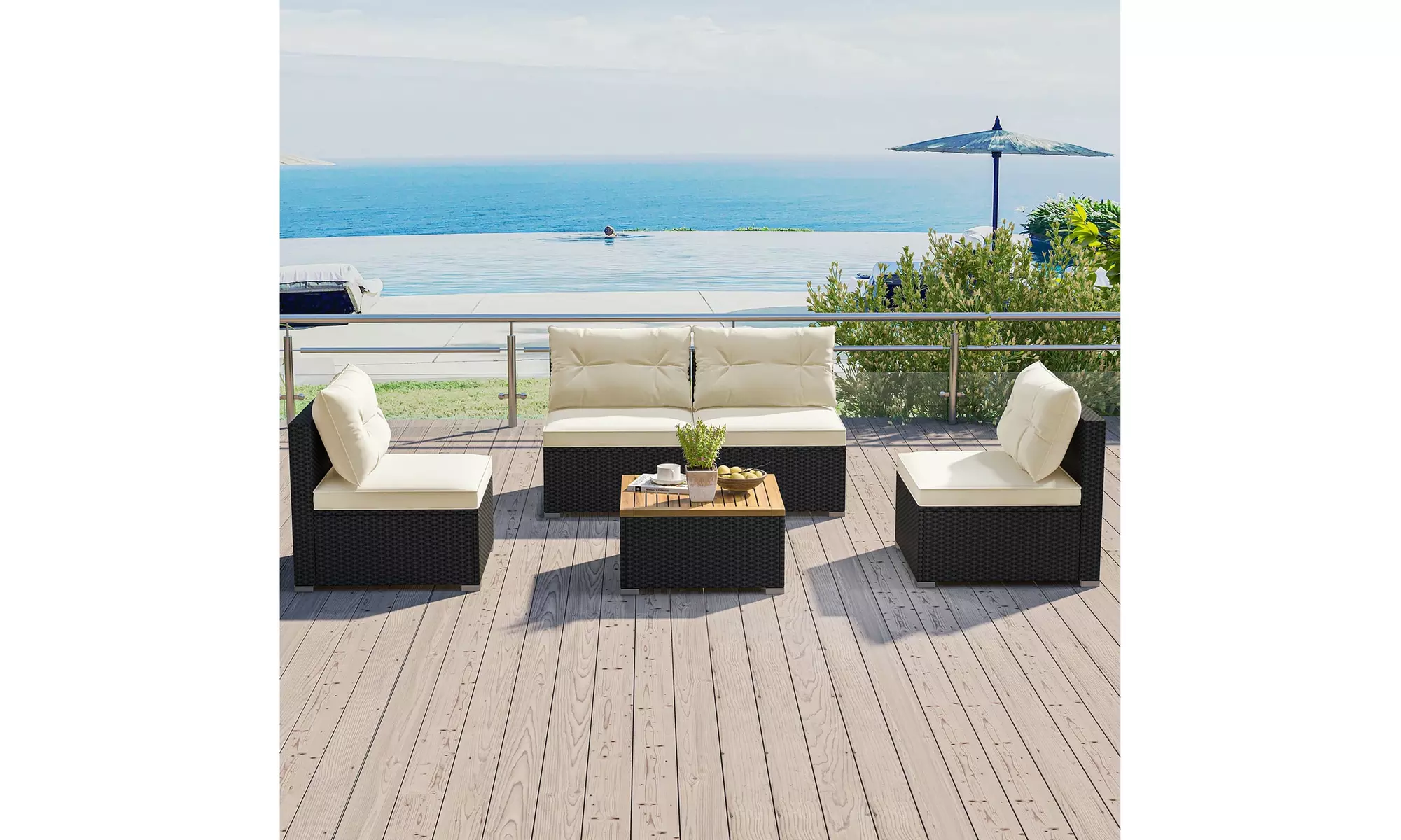 5 Piece Patio Rattan Furniture Set Acacia Wood Table Top Sofa Cushion Deck