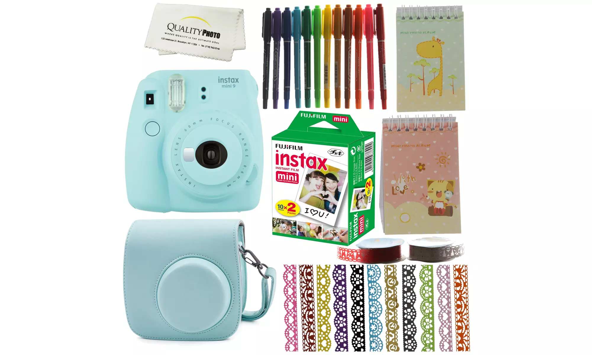 Fujifilm Instax Mini 9 Camera Bundle. Camera, Case, Film, Pens, Ribbons, Album - Primary Image