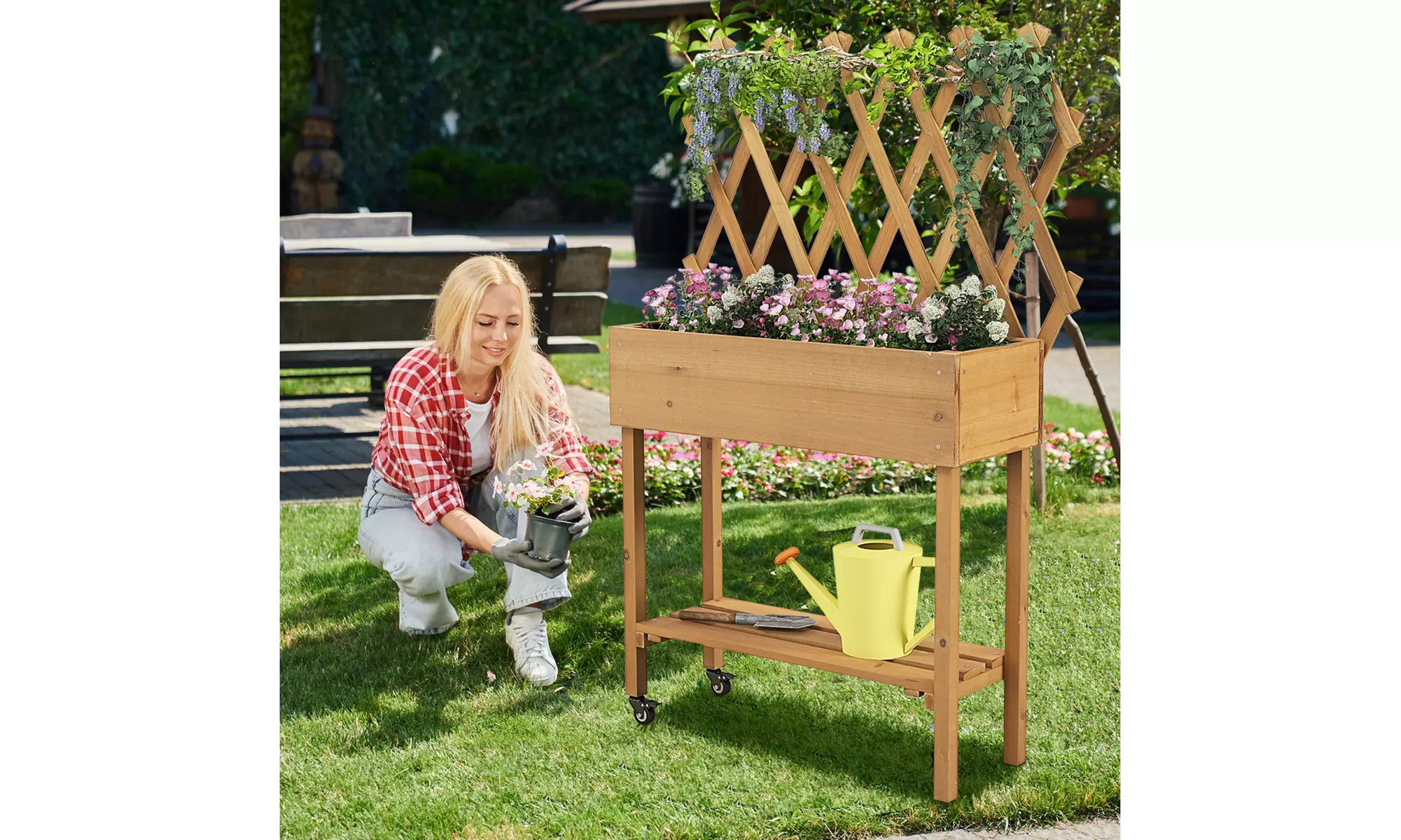 Costway Wood Raised Garden Bed w/ Trellis Storage Shelf Wheels Drainage Holes