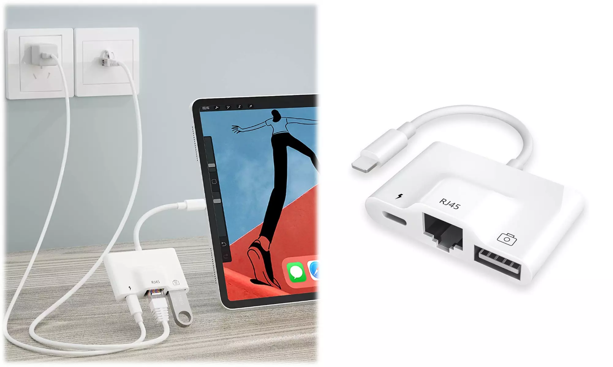 Ethernet RJ45 Network USB PD Port Adapter Converter For iPhone - Primary Image