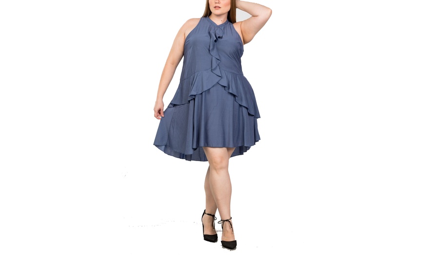 Image 2: Ladies fashion plus size draped-ruffle front sleeveless swing mini dress