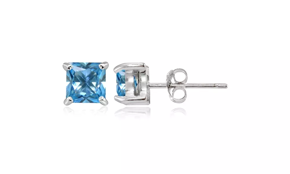 Sterling Silver Simulated Blue Topaz 5mm Princess-cut Stud Earrings