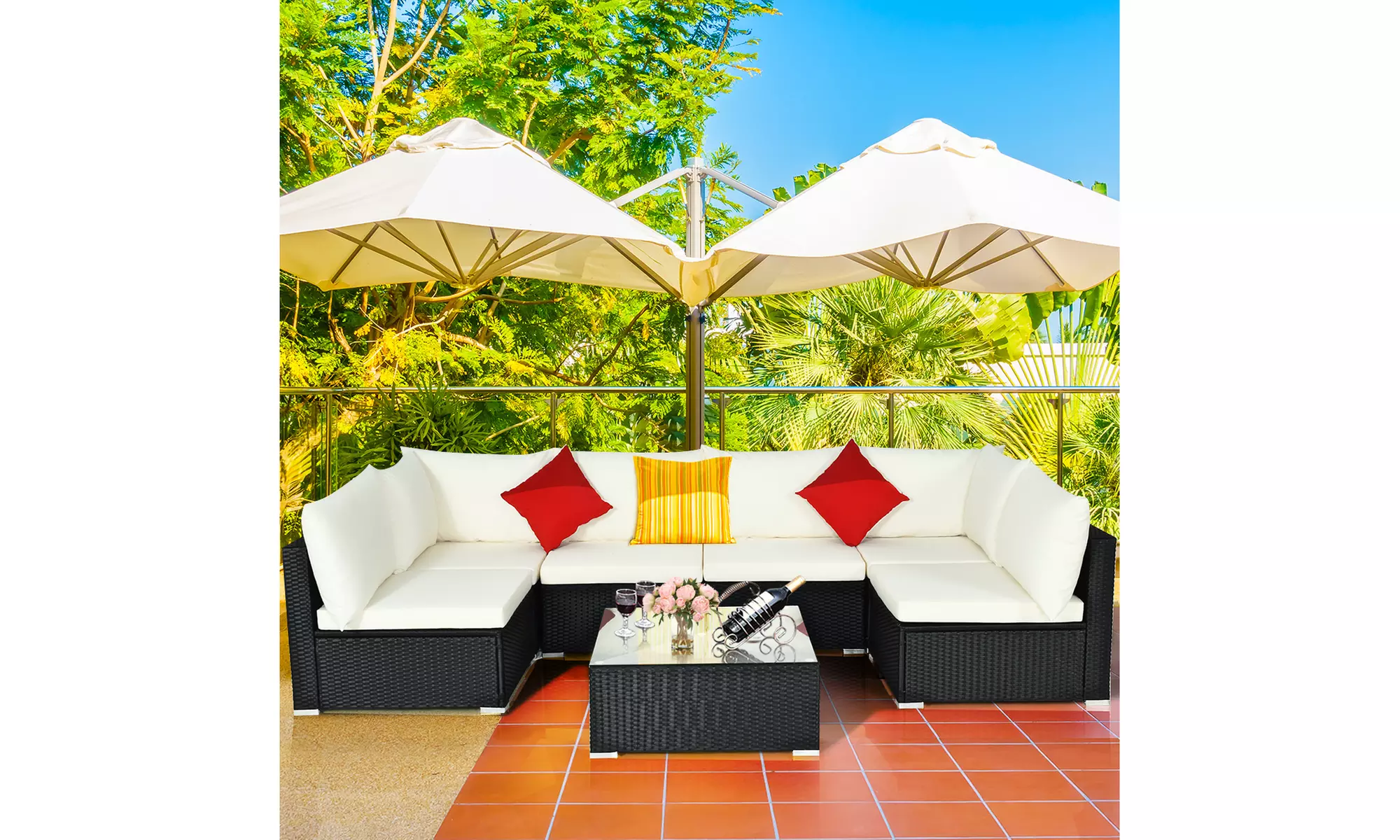 Costway 7PCS Patio Rattan Sofa Set Sectional Conversation Furniture Set Garden
