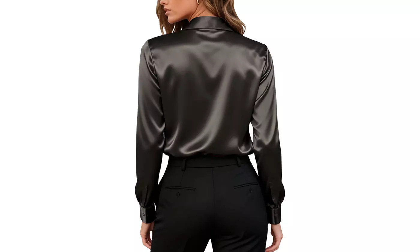 Women's Satin Button-Down Shirt Wrinkle-Free Soft Long Sleeve Blouse