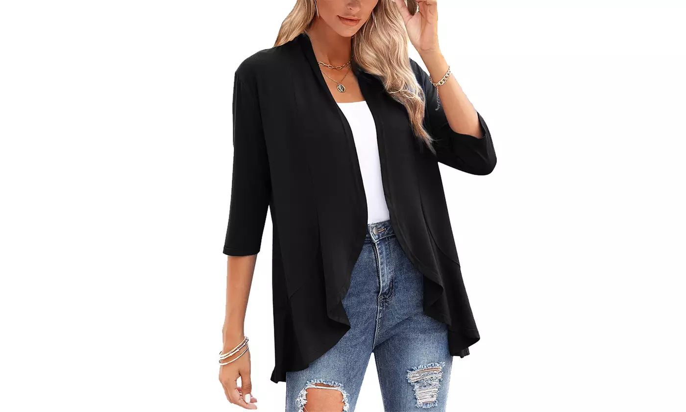 Women's Casual Lightweight Open Front 3/4 Sleeve Cardigans Soft Draped Ruffles