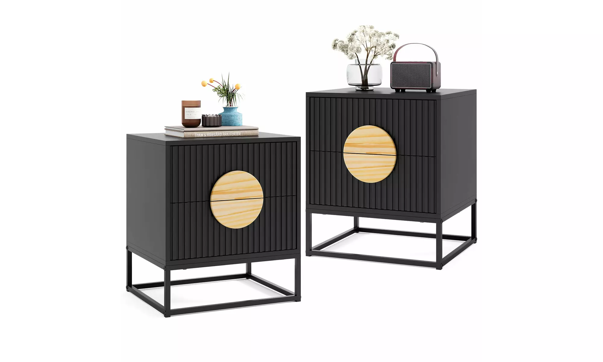 Costway Fluted Nightstand with 2 Drawers with Pine Wood Handles & Metal Frame