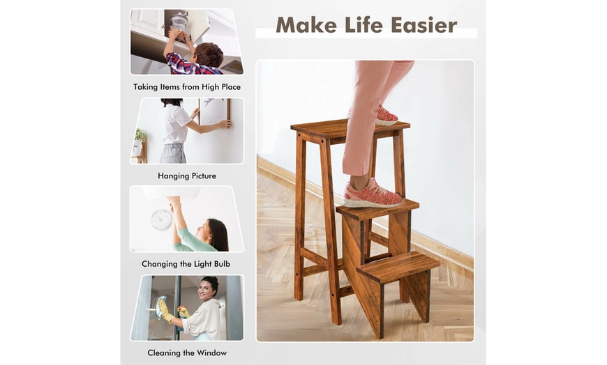 Image 10: Costway Three-Tier Multi-Functional Foldable Wooden Step Stool