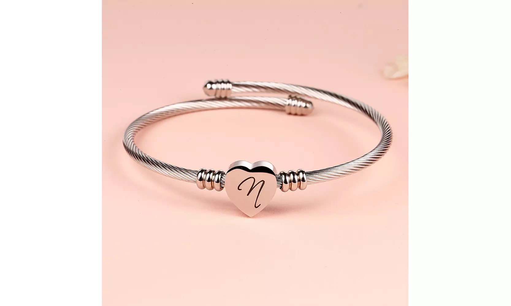 Twisted Steel Heart Cable Initial Bracelet