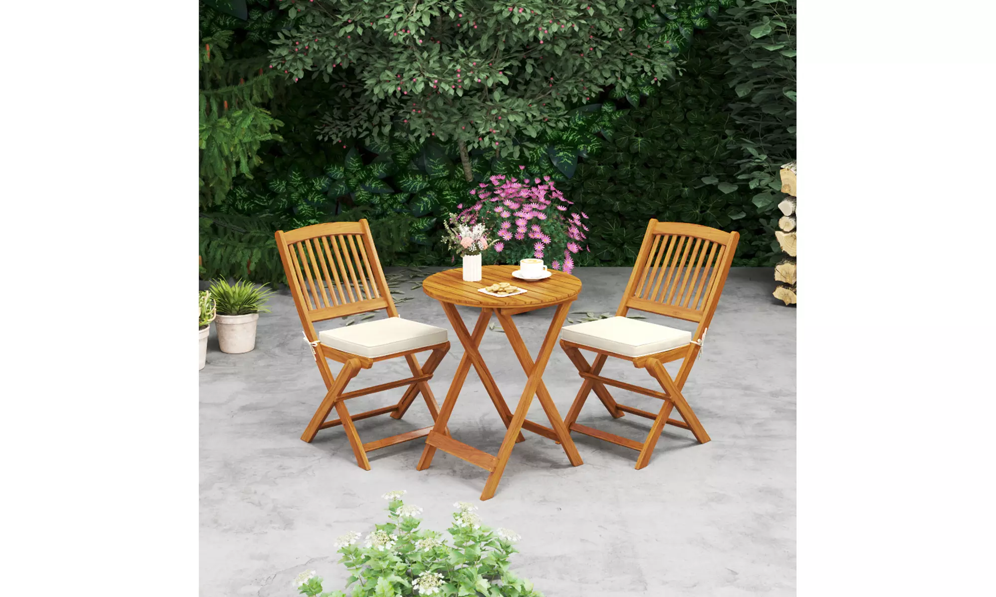 Costway Outdoor Folding Chairs Acacia Wood High-Back Chair with Seat Cushions