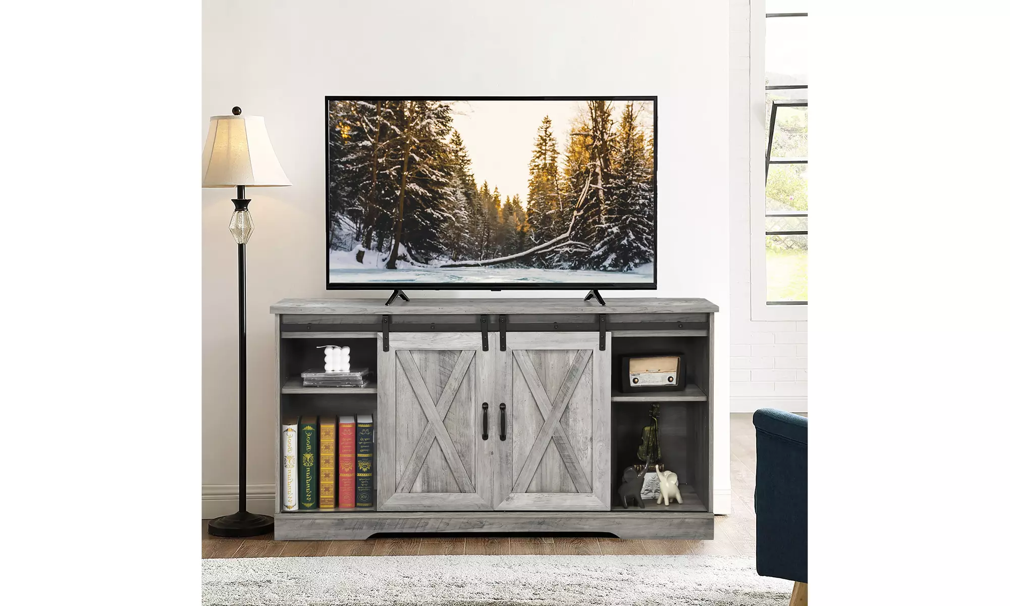 Costway 59'' Farmhouse TV Stand Sliding Barn Door Cabinet w/ Adjustable Shelf