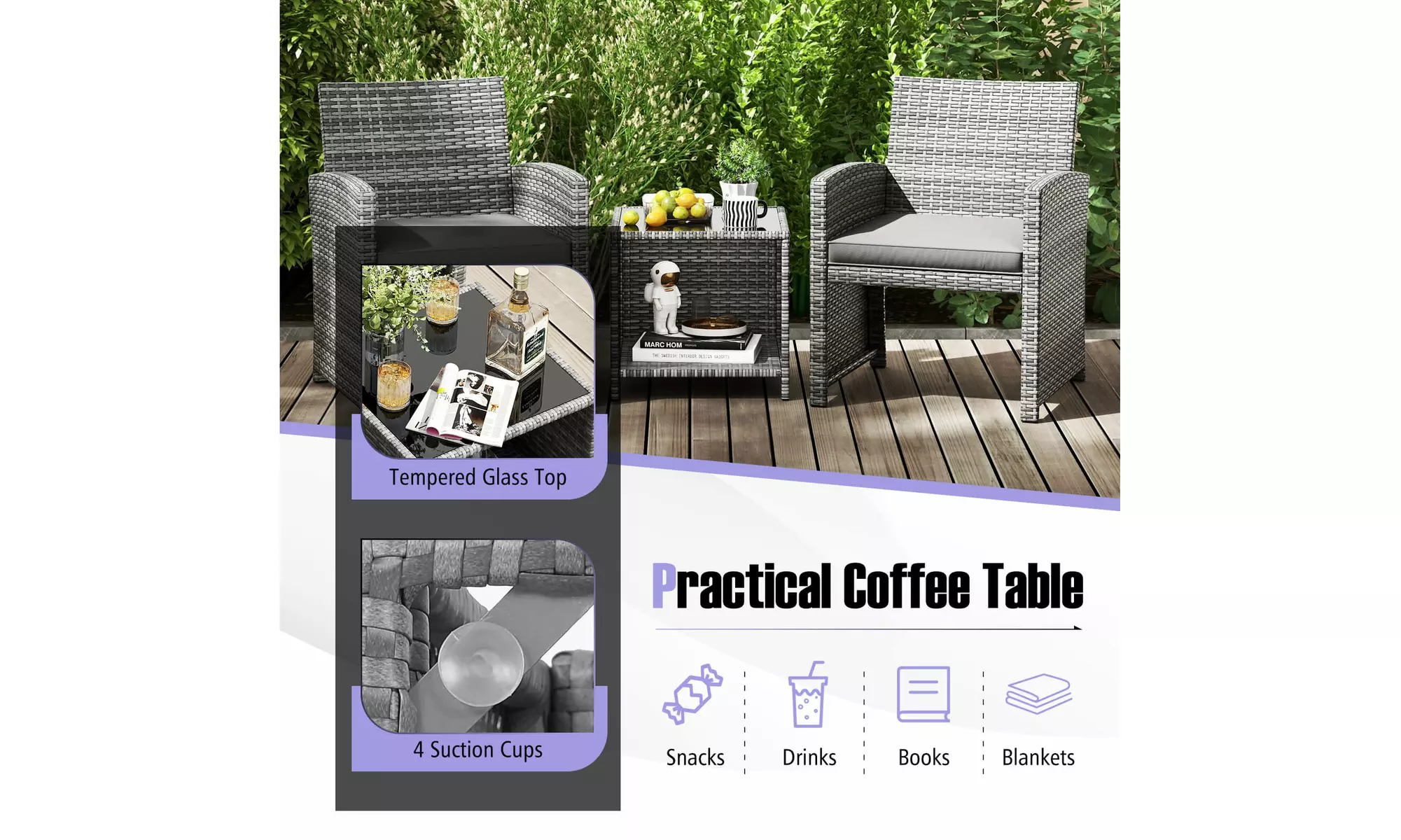 Costway 3-Piece Patio Furniture Set with Tempered Glass Coffee Table