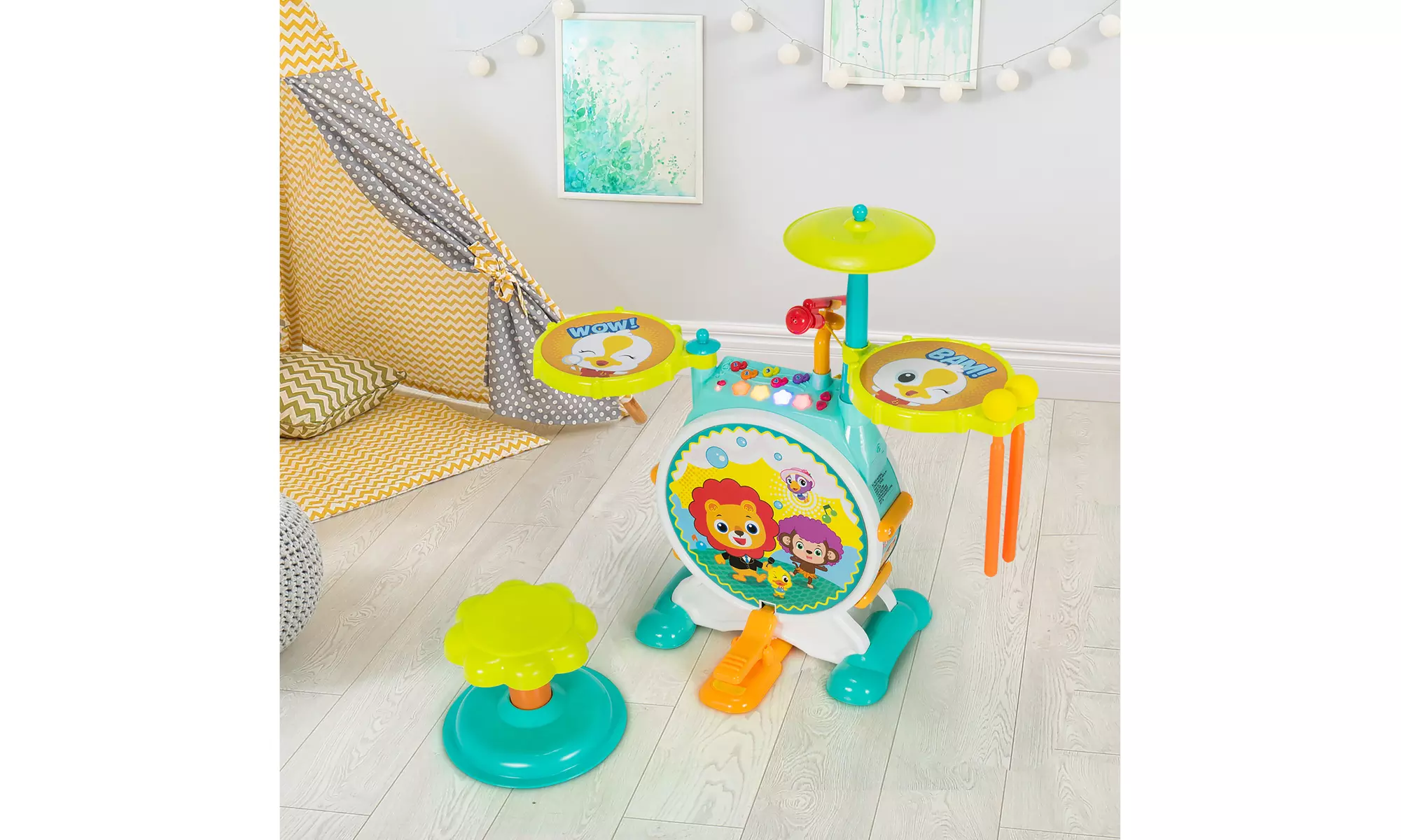 Costway 3-Piece Electric Kids Drum Set Musical Toy Gift w/Microphone Stool Pedal