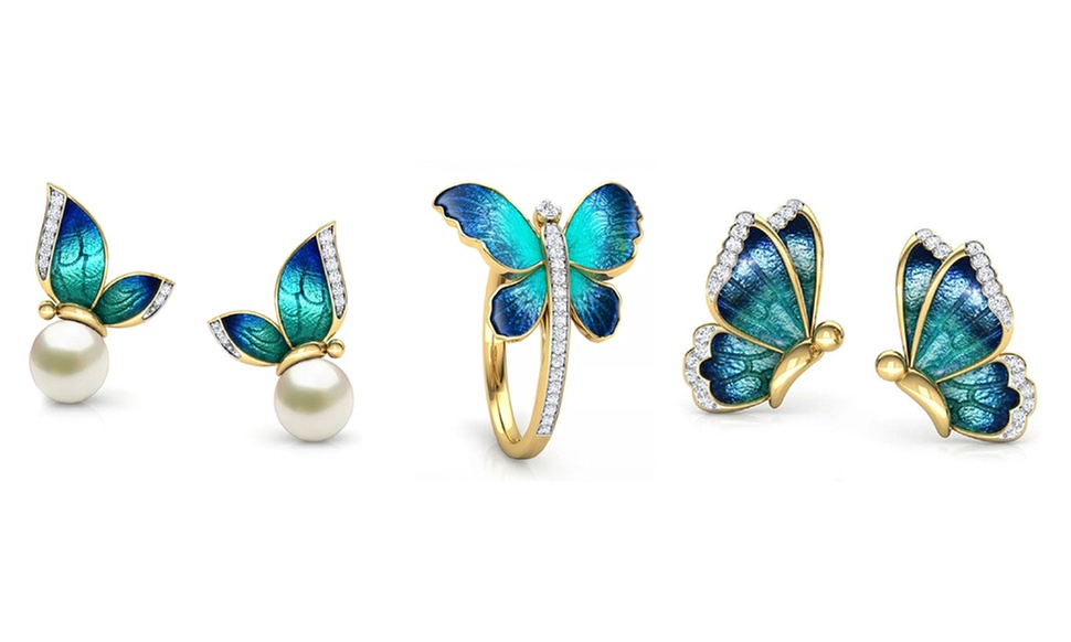 18K Gold Plated Faux Pearl and Crystal Butterfly Stud Earring or Ring