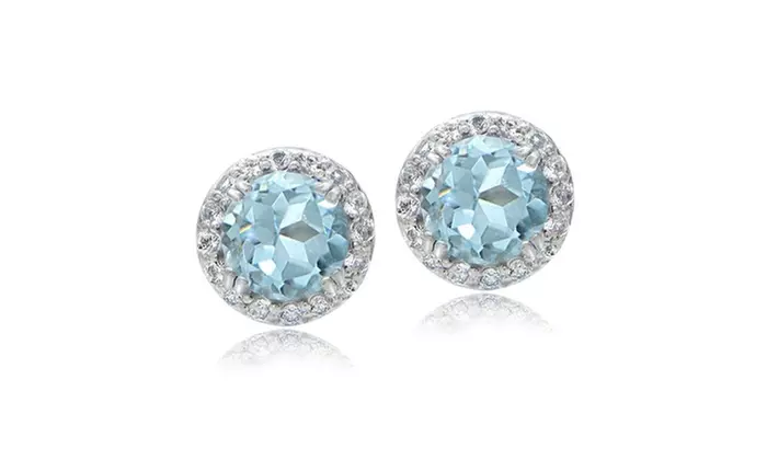 White Gold Plated 3 Ct Round Blue Topaz Halo Stud Earrings - Primary Image
