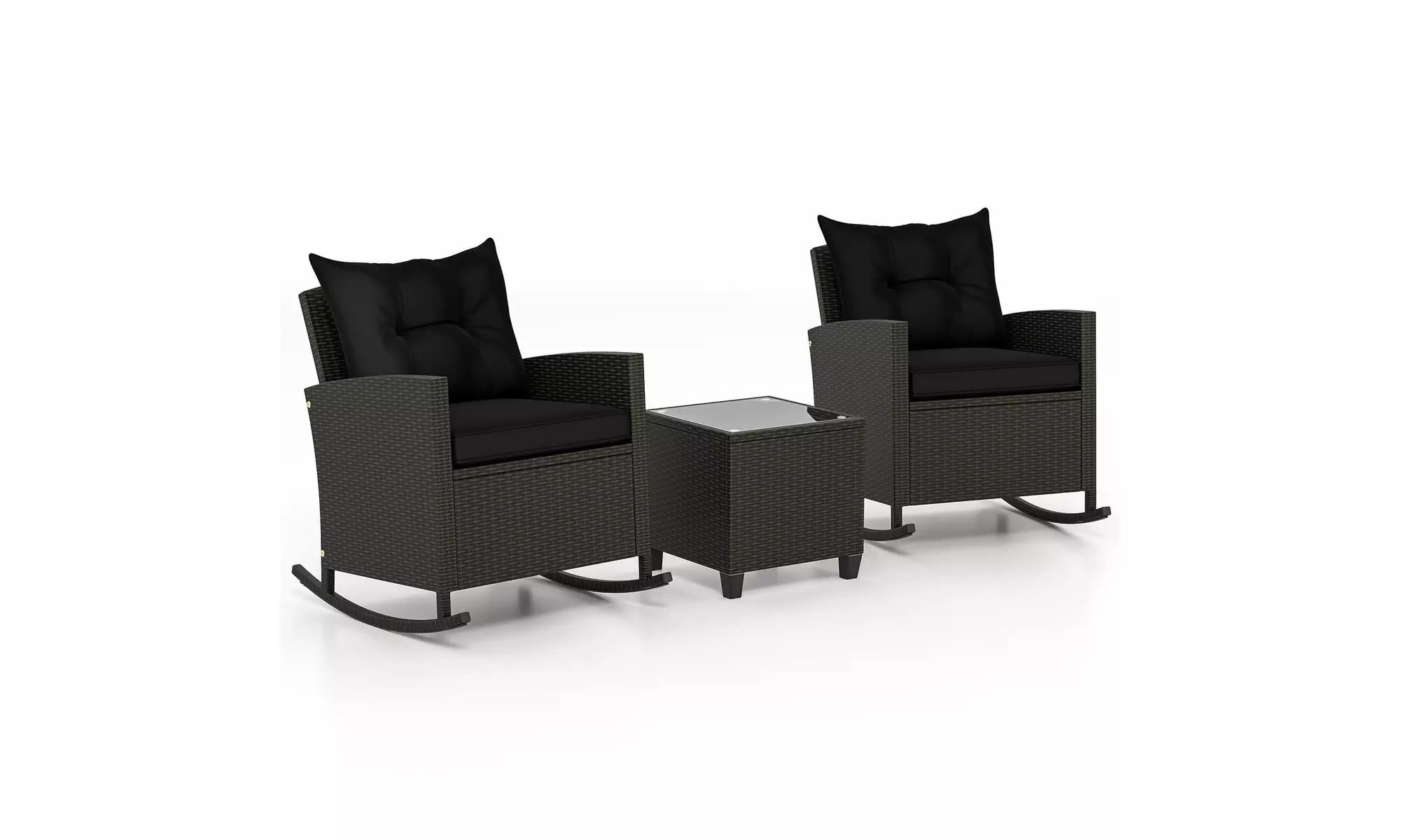 Costway 3 PCS Patio Wicker Rocking Set with Tempered Glass Table & Soft Cushions