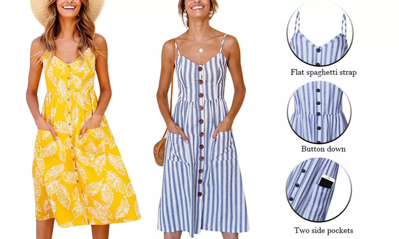 Womens Floral Summer Dress Spaghetti Straps Pocket Sundress Beach Midi Dress