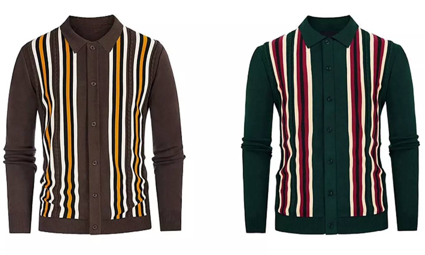 Men Stripe Knitting Cardigan Vintage Lapel Sweater - Primary Image
