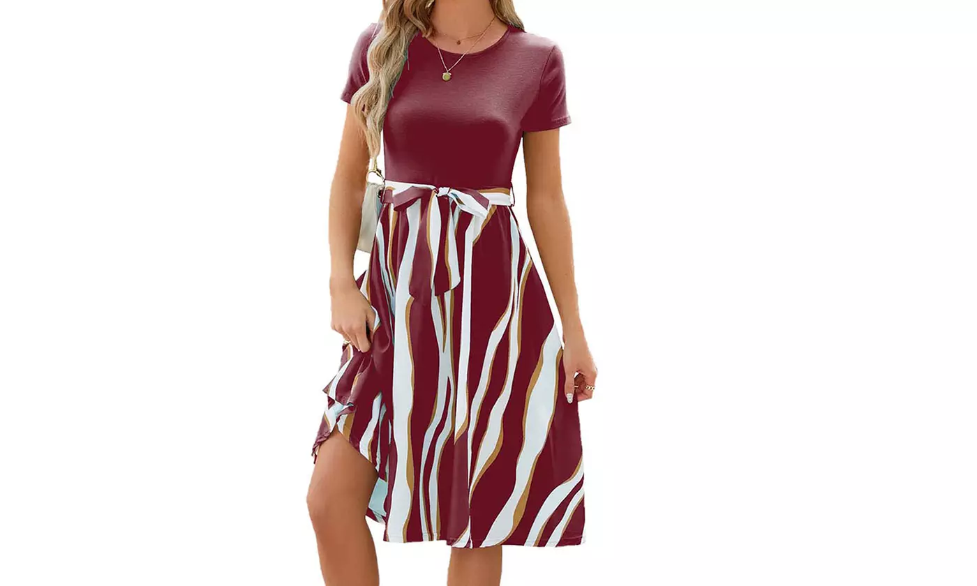 Women's Two Tone Belted A Line Dress