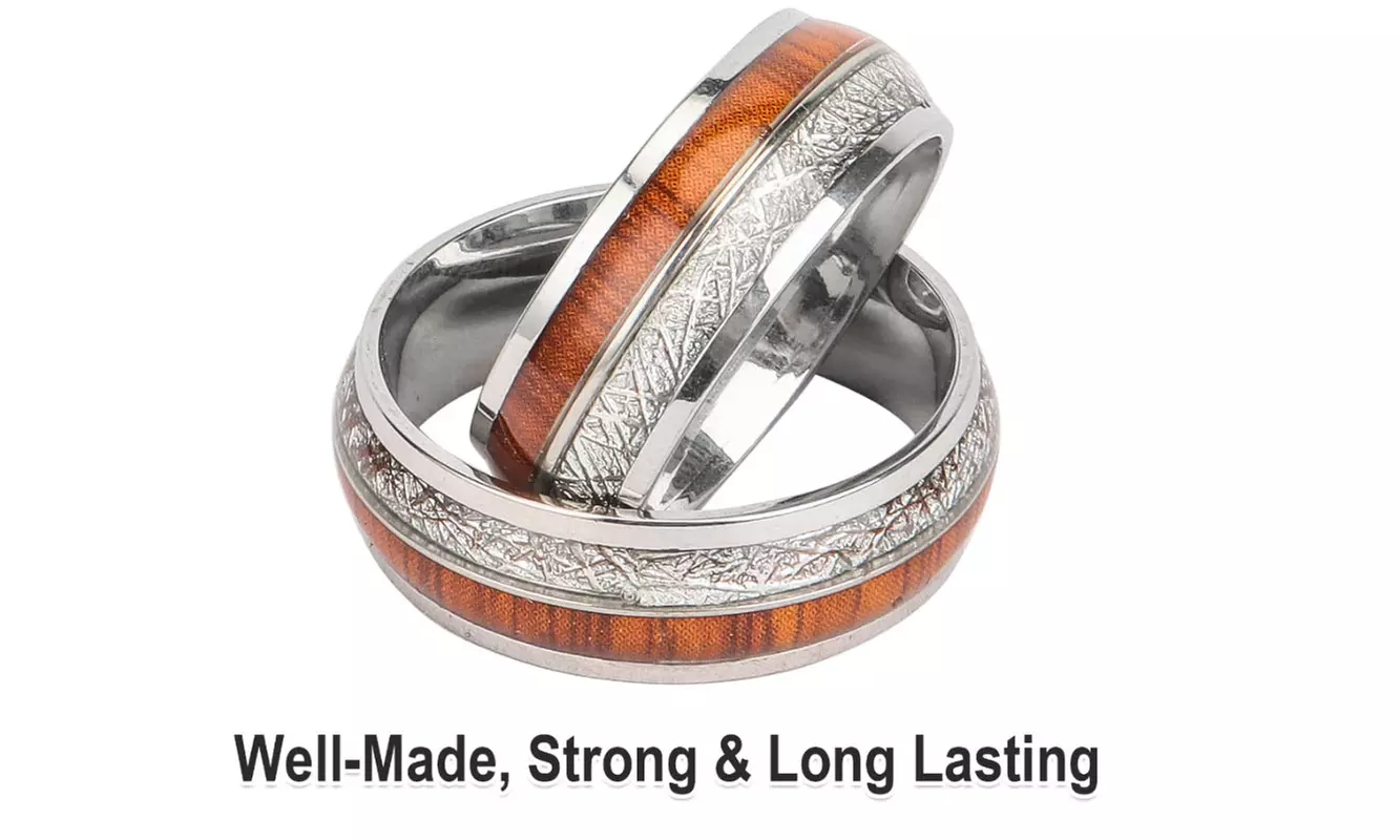 Silver Whiskey Barrel Ring Wooden Meteorite Wedding Engagement Band Ring