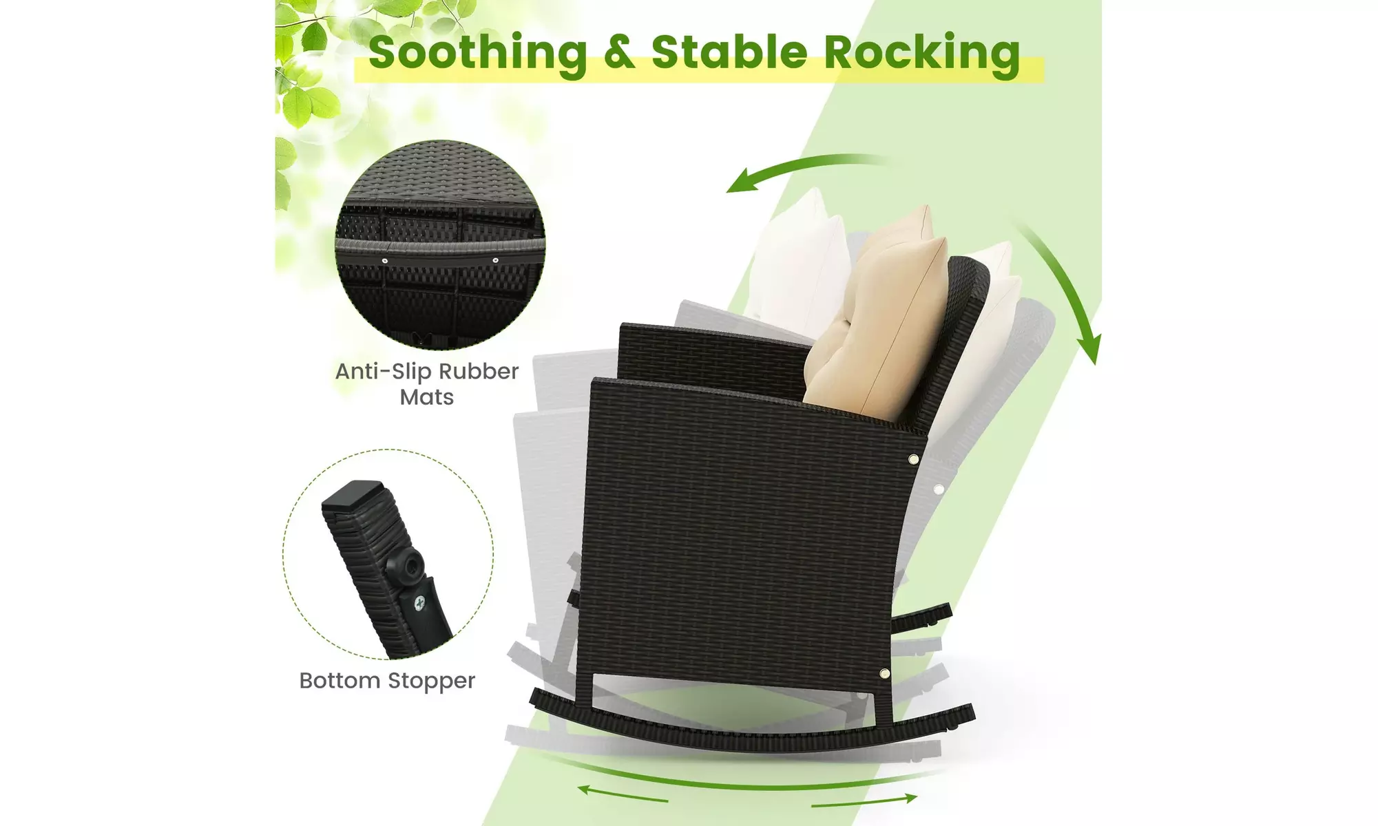 Costway 3 PCS Patio Wicker Rocking Set with Tempered Glass Table & Soft Cushions