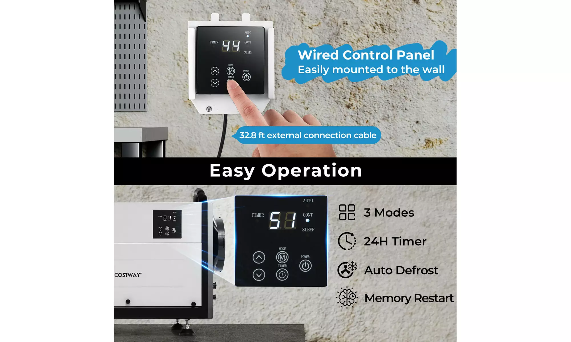 Costway Crawl Space Dehumidifier Commercial Dehumidifier w/ 3 Modes & 24H Timer