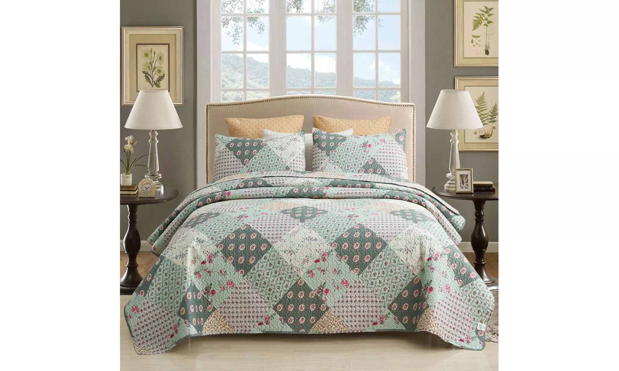 JML 3-Piece Reversible Quilt Set,Home Collection Printed Bedspread With 2 Shams