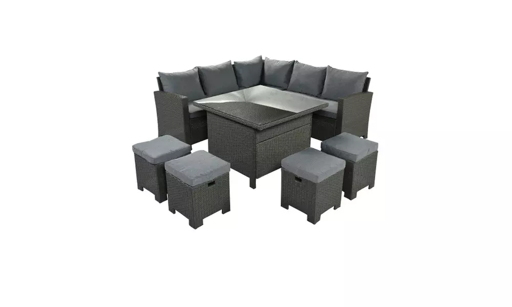 8 Piece Outdoor Conversation Set, Dining Table Chair with Ottoman, Cushions