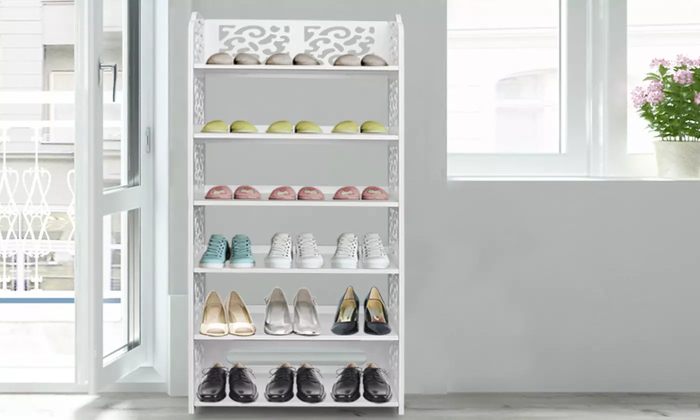 Wood-plastic Board Storage Organizer Standing Carved Shoe Rack White - Primary Image
