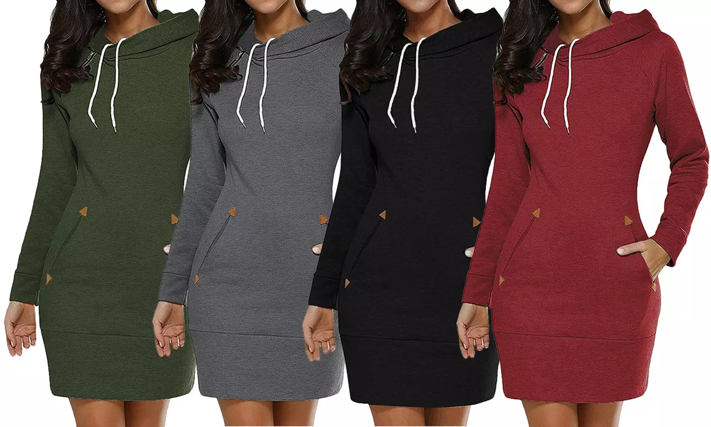 Womens Long Sleeve Hoodie Sweatshirt Pullover Sweater Jumper Dress with Pocket