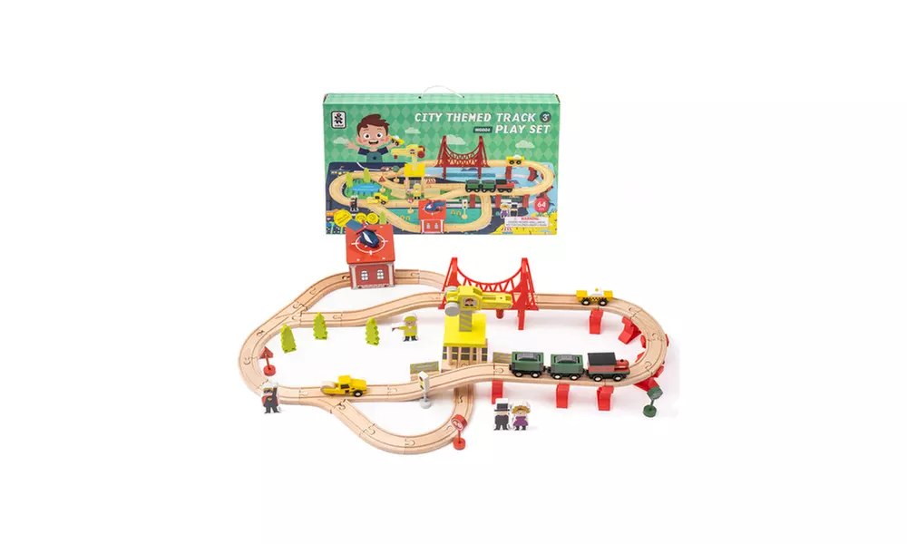 Wooden Train Track Set with Magnetic Trains Bridge Ramp Toy Blue - Primary Image