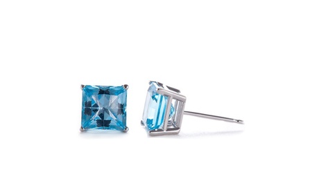 Paris Jewelry 14k White Gold 1 Ct Princess Blue Zircon Stud Earrings Plated 1 Ct Princess White Gold Blue Zircon