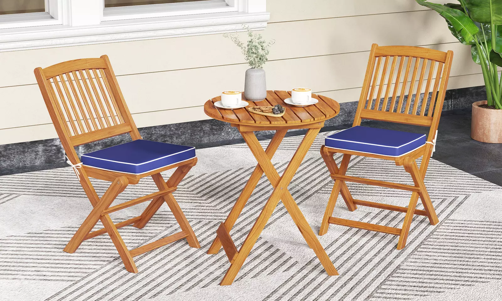 Costway Outdoor Folding Chairs Acacia Wood High-Back Chair with Seat Cushions