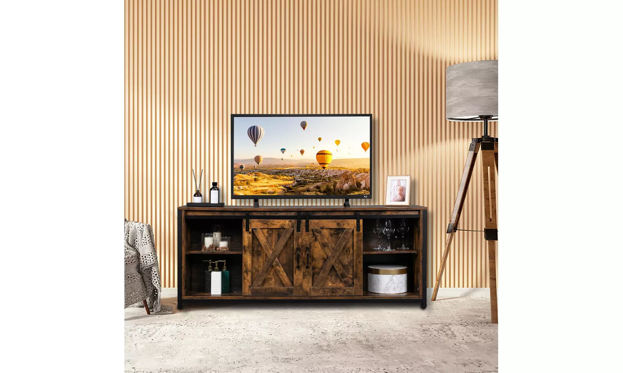 Farmhouse Wood TV Console Cabinet with Adjustable Shelves, Rustic Brown