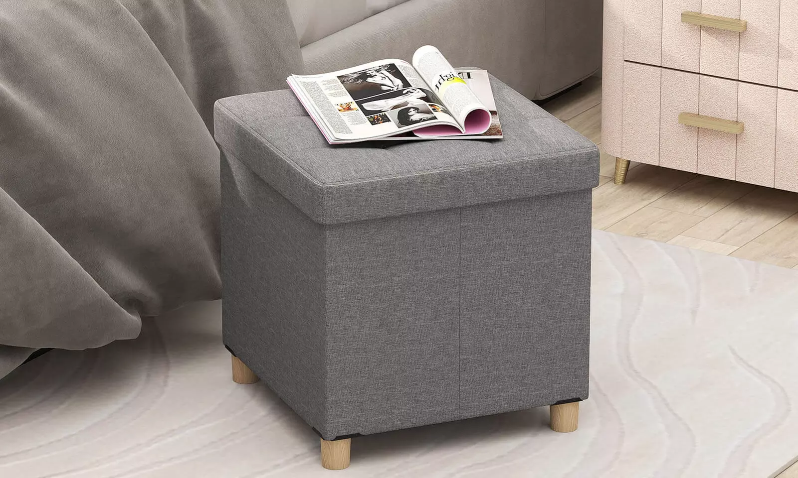 Costway 18 Inches Ottoman with Storage,Tray & Rubber Wood Legs for Small Space