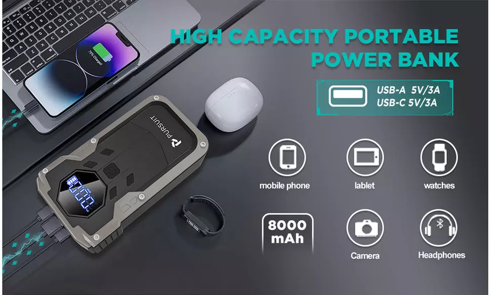 Pursuit Portable Car Jump Starter with 150PSI Air Compressor 12V Battery Booster